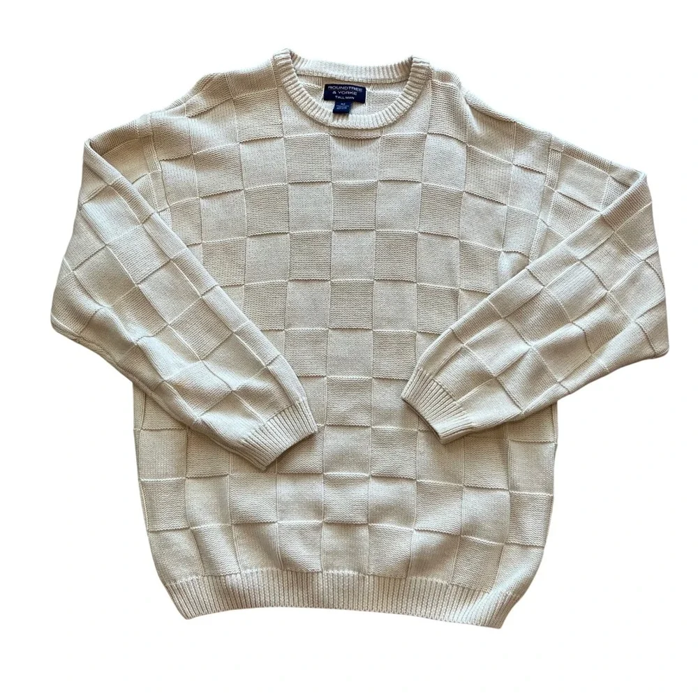 Roundtree & Yorke Tall Man Sweater XLT Cream Cotton Textured Checkerboard Knit
